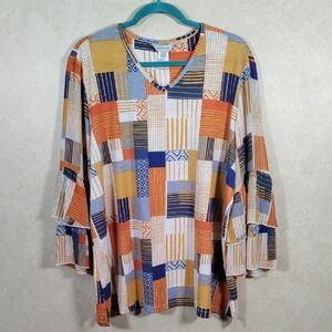 01117 Multiples blue, orange & yellow patchwork tiered ruffle sleeve blouse 1X